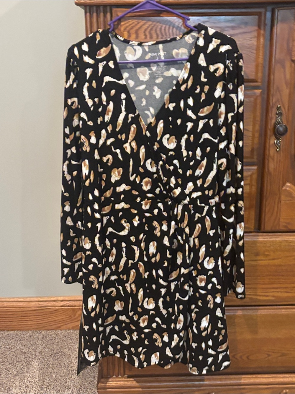 Nine West Black Long-Sleeve Wrap Dress with Brown & Cream Print